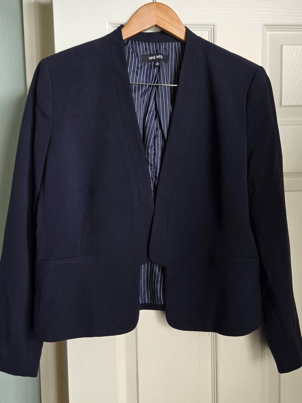 Women's Suit: Nine West Navy Collarless Open-Front Blazer With Pencil Skirt